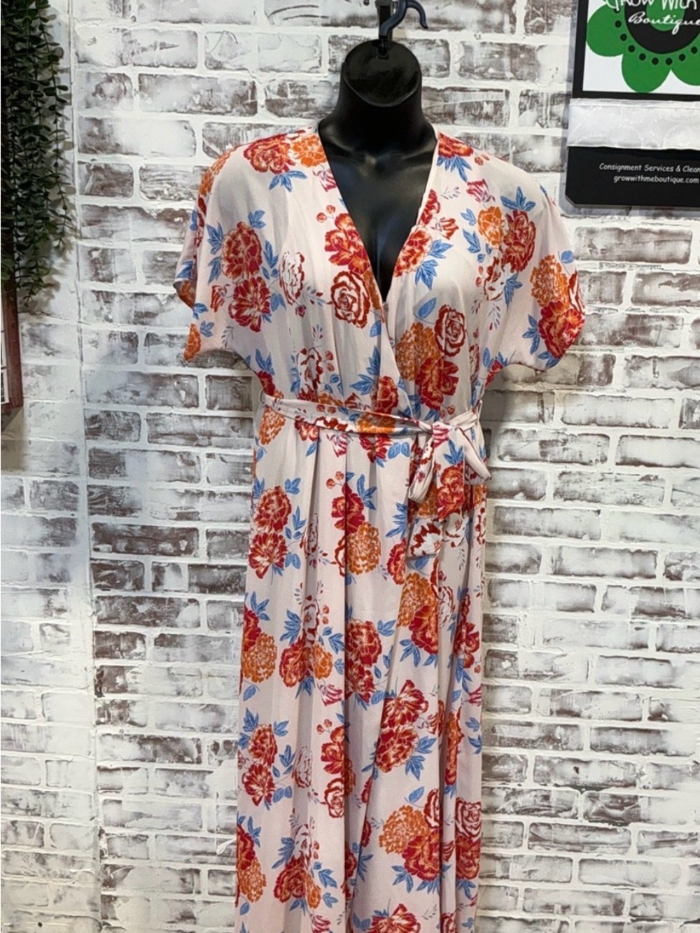 Collective Concepts Floral Wrap Maxi Dress in Cream with Red & Blue Flowers